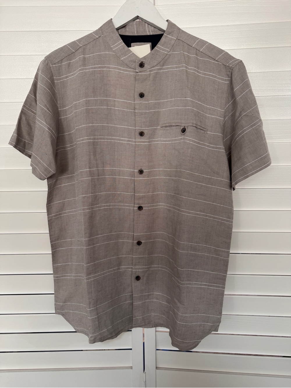 NWT Soulstar Taupe Rayon Collarless Button-Up Shirt Med.